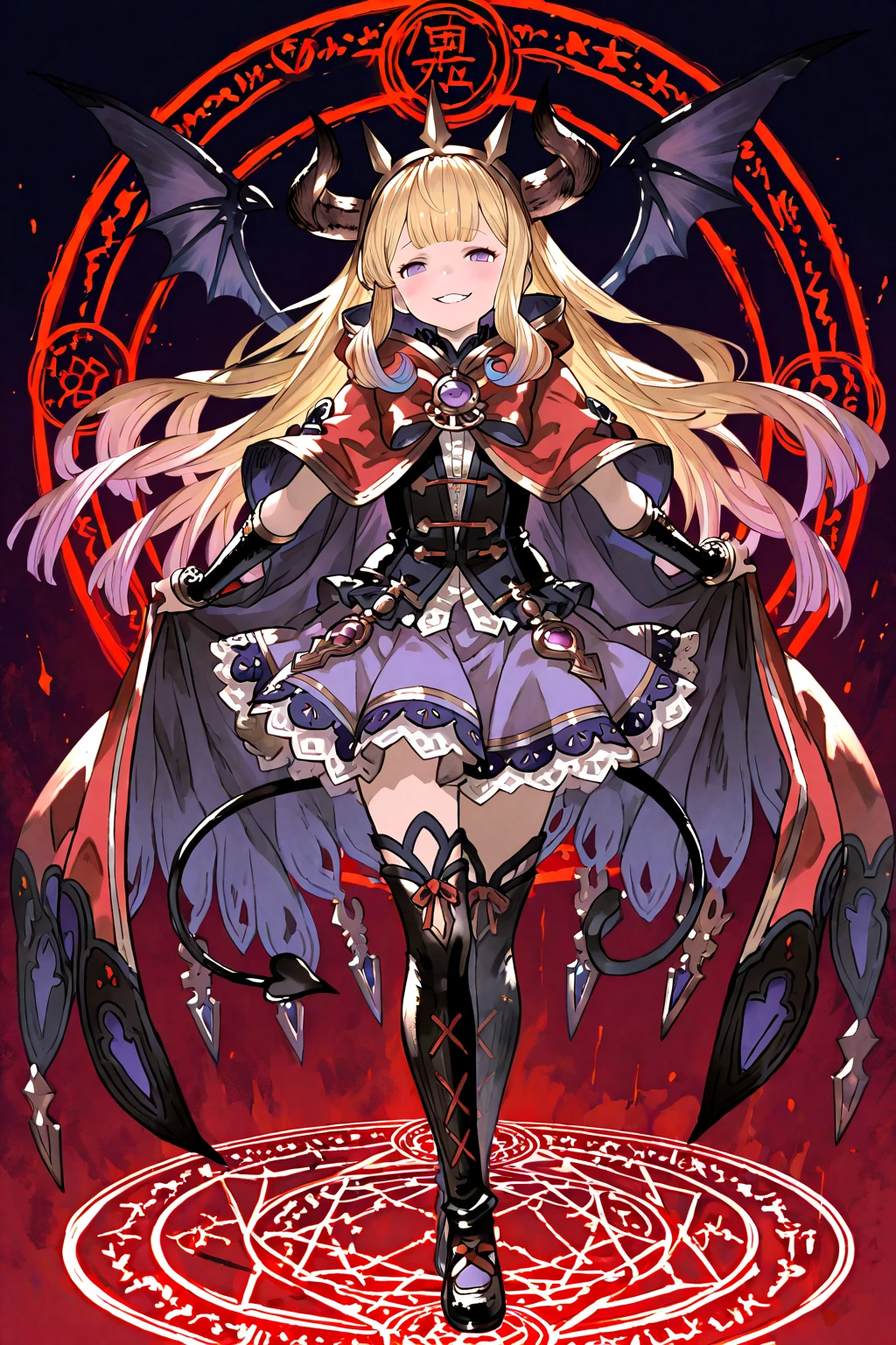 Only one girl, top quality, super high resolution, CG illustration, live-action illustration, cosplayer illustration, female phantom, child, bat phantom, small, little girl, blonde twin drill hair, red eyes, whitening, bat gothro ribbontage, bat garter ring belt, black sexy dirty print tattoo on belly, sharp claws on both hands, bat wings from back