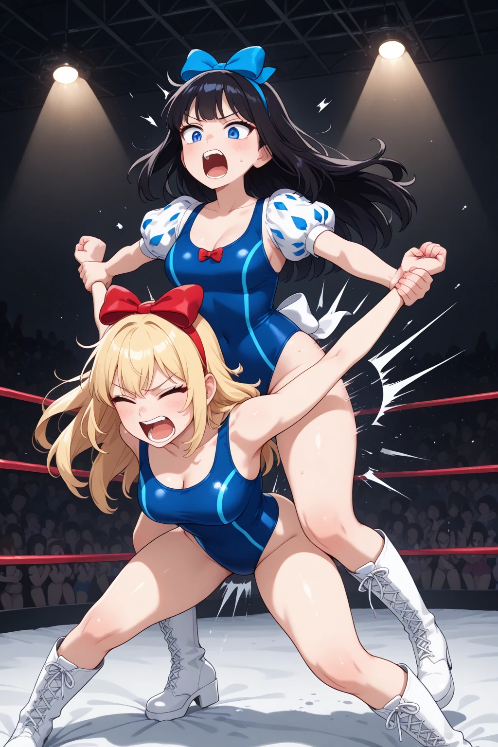 Sweaty and intense orgasm、Full Color、ふたなり女子レスラーとショタ少年wrestlingラー、Dynamic Pose、leotard、Dazzling Light、wrestling、An enthusiastic crowd watches、Erected in a sheer latex wrestling outfit2A shota boy and a female futanari wrestler are posing、Orgasm Face。On all fours