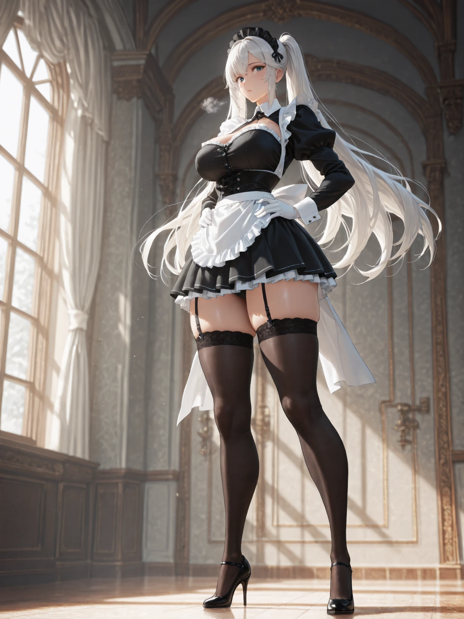 full body, 1girl, big breast BREAK black gothic lolita clothes, cross necklace, shoulder pad, armor, sword, blonde curly hair, twintail, hair bow, tottering, tilt head, blow off, closed eyes, screaming, :o, (fluttering skirt, white panty:1.5), torn clothes, scenery, lightning, dark atmosphere, headback