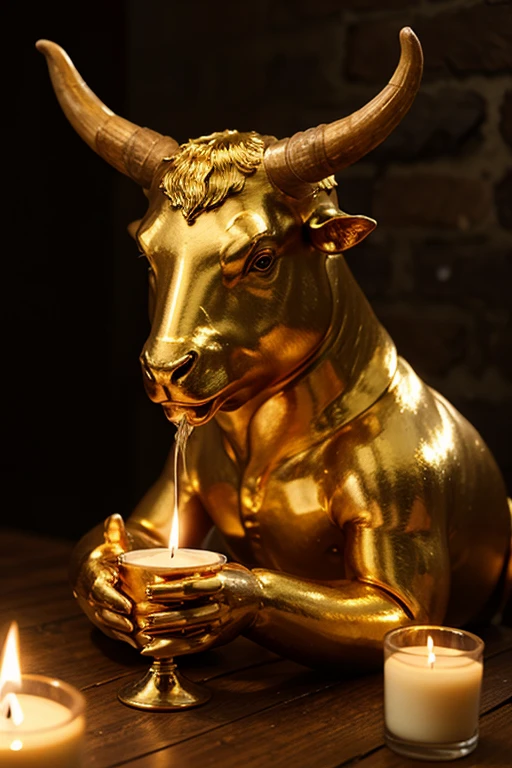3d animation of a nelore bull sitting at the table eating a bowl of bitcoin coins, The bull's horns are gold