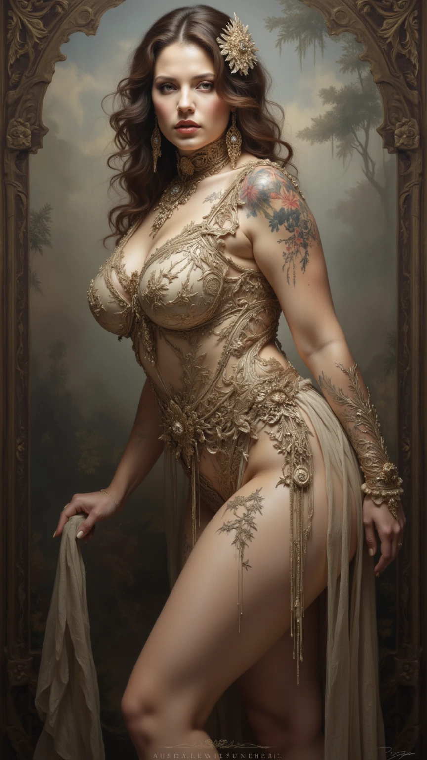 (beautifull tattooed lady, medium bob hair, with gigantic boobs, walking at castle balcony, (luxury crown), (luxury cloak), wear (detailed luxurious hairpin), (detail luxury bra), (detail luxury robe), (luxury garter belt), (luxury high heels), (detailed underboobs ornament), (detail hips ornament), expensive detailed necklace, golden flower vase on luxury table, luxury parfume bottle, luxury wall ornament, luxury window with golden frame, luxury castle, detail luxury golden lamp, luxury candle, beautifull face, pretty face, beautifull eyes, beautifull nose, sexy lips, polished nails, raytracing, beautifull fingers, beautifull hands, sexy belly, sexy body, sexy shoulders, sexy legs, sexy hips, (luxury arm ornament), (luxury bracelet), (luxury ring), (luxury necklace), (4 fingers in 1 hand), full body picture, pretty makeup, perfect anatomy, ((full of tattoo)), ((chest tattoo)), ((belly tattoo)), good lighting, professional photoshoot, full body shoot, ((belly piercing)), fleshy lips