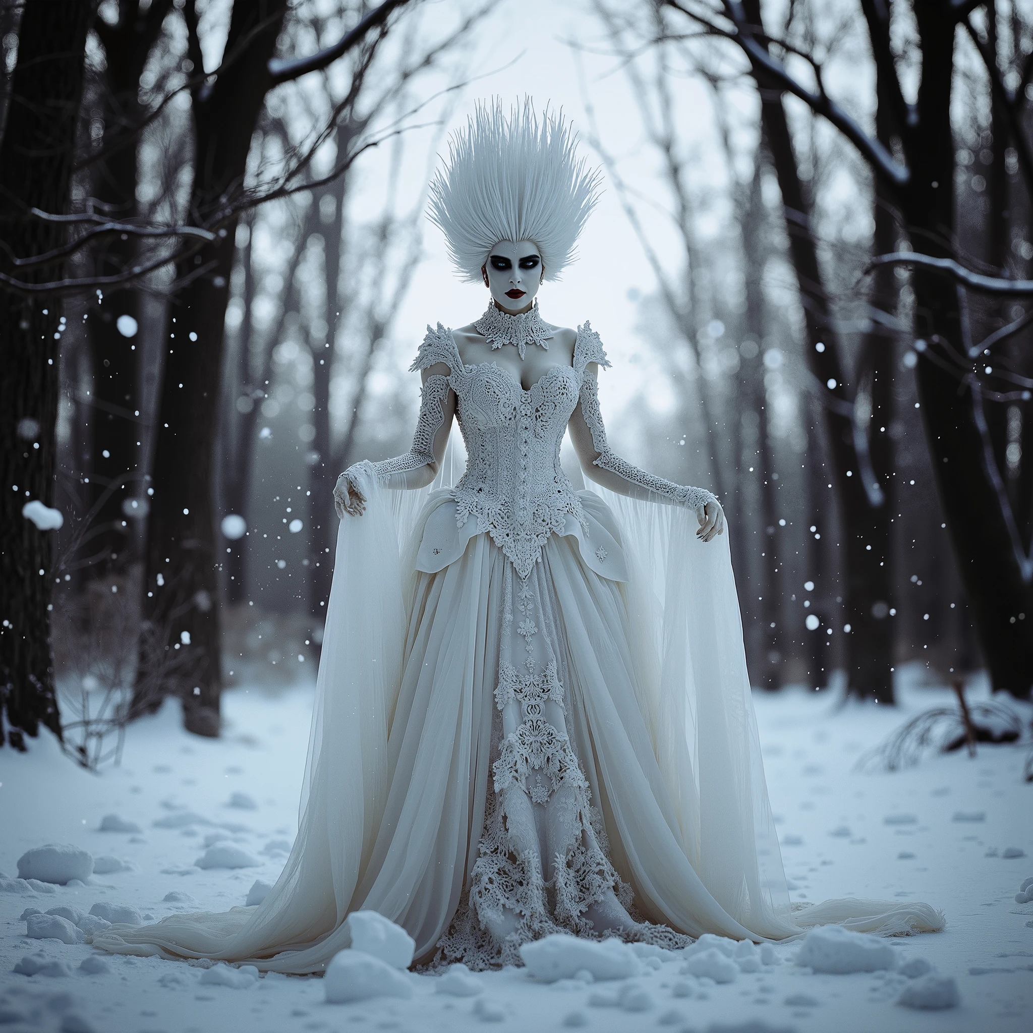 A gothic, ultra-realistic Snow Queen standing ominously in the middle of a snow-covered, haunted forest at dusk. Her skin is ghostly pale, with deep black eyeshadow, exaggerated eyeliner, and blood-red lips. Her towering, voluminous white hair contrasts sharply with her dramatic makeup, giving her a terrifying, majestic presence. She wears a darkly elegant, frost-embroidered white gown with corset-like details and tattered lace trailing in the snow. Sharp black nails, and a cold, piercing stare. Around her, dead trees covered in ice jut out like claws, and thick, spectral mist coils at her feet. Snow falls slowly as the sky glows with a sickly twilight hue. The atmosphere is chilling and cinematic, with gothic horror tones, sharp lighting contrasts, shadow play on her face, and high-definition textures. Her pose is regal and eerie, one hand raised like a curse being cast. A true mythological winter specter.