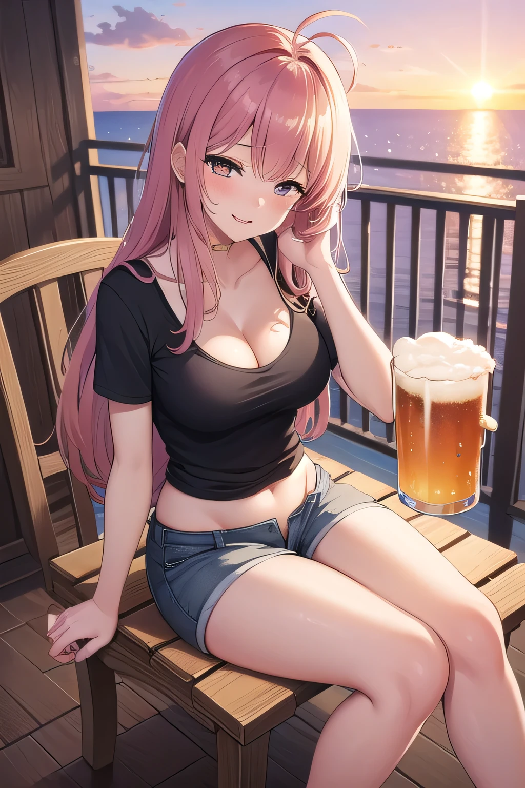 Realistic image, detailed image, 1 elf. She has red wine-colored hair that is tied in a messy ponytail, with two loose bangs hanging on either side. Her eyes are a lighter red wine. She has dark sunglasses on the top of her head and a pearl earring in her right ear. she is wearing a crop top and shorts. big boobs, narrow waist, wide hips and thick thighs. smiling. Back arched. sitting. night, starry sky. Volumetric light. Ambient light.