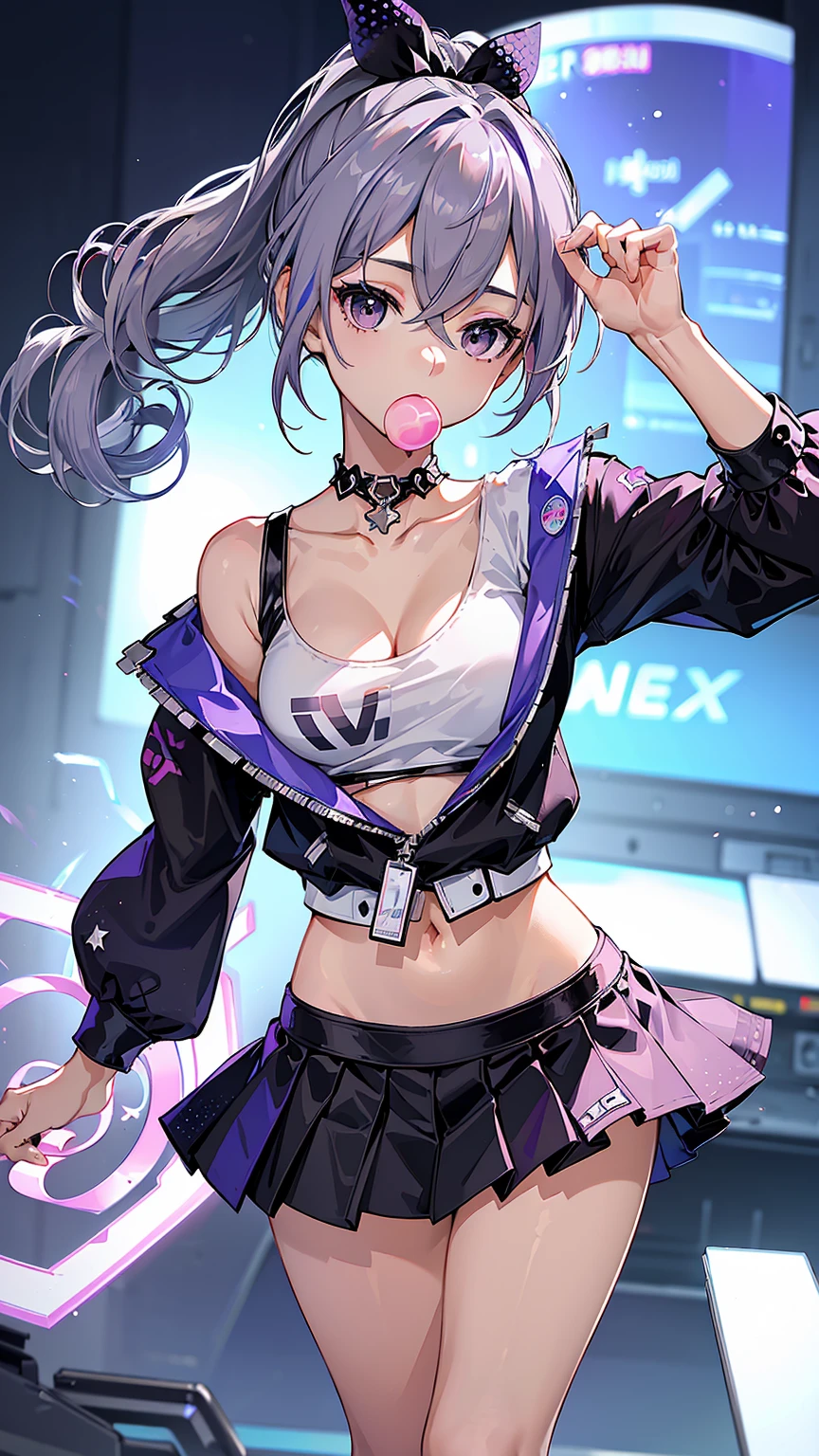 ((Masterpiece)), best quality, absurderes, ultra detailed, holographic, cowboy shot, golden ratio, super cute girl, mature girl, idol girl, super beautiful asian girl with very beautiful violet glowing eyes, beautiful glowing brown multicolored hair, high ponytail, nice and sexy body, slim body, perfect body, an anime printed super tight off shoulder long sleeve crop top, wearing super tight anime print micro shorts, a super aesthetic transparent mini jacket, beautiful hair ornament, pink jordan tennis, being photographed in a mall shop,( undressing, taking off micro shorts, showing neon pink panties, showing thong: 1.5)