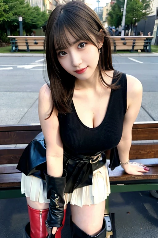 wearing open-chested clothes,Breasts are showing,smile,I'It's embarassing,Adult Young Women,leather skirt
