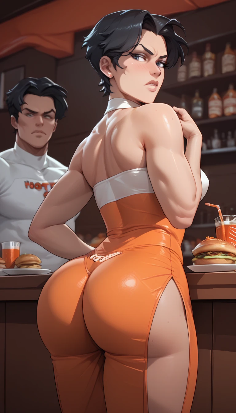 mcmom, sexy woman, mature, milf, huge breasts, large breasts, curvy, voluptuous, completely nude, nude, ass, nipples, earrings, sweating, shiny skin, smile, standing, from back, solo focus, mcdonald's, indoors