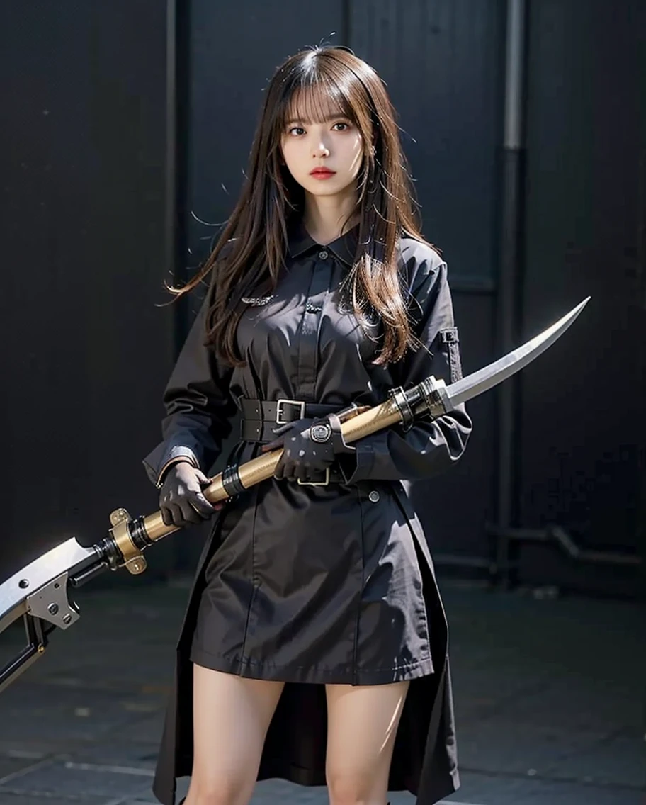"Create an image of Perona from One Piece in a battle-ready outfit, wearing a tough, gothic warrior ensemble with her weapon at the ready, have massive k-cups, standing on a stormy battlefield with lightning and swirling mist."