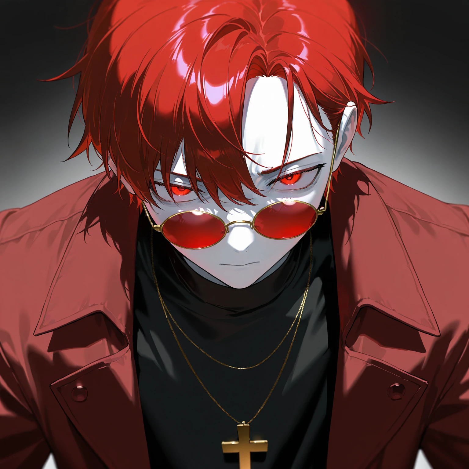 Anime tenage boy with redish black hair and a scar on his left eye with red blood eyes black tught shirt a cross necklace and a red xhacket.