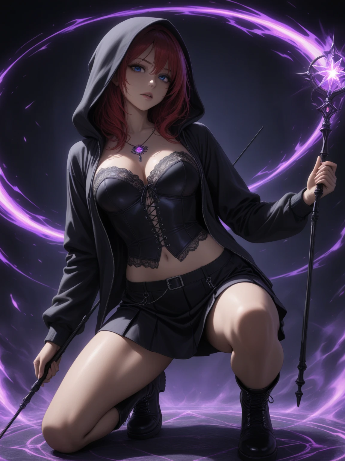 perfect eyes:1.2, detailed eyes:1.4, realistic:1.4, red hair, hair over shoulder, holding book, book, robe, cape, fringe, tentacles, argyle, checkered, clothing cutout, thighhighs, makeup, lipstick, hood up, cleavage, 1girl, solo, (masterpiece:1.6, best quality),