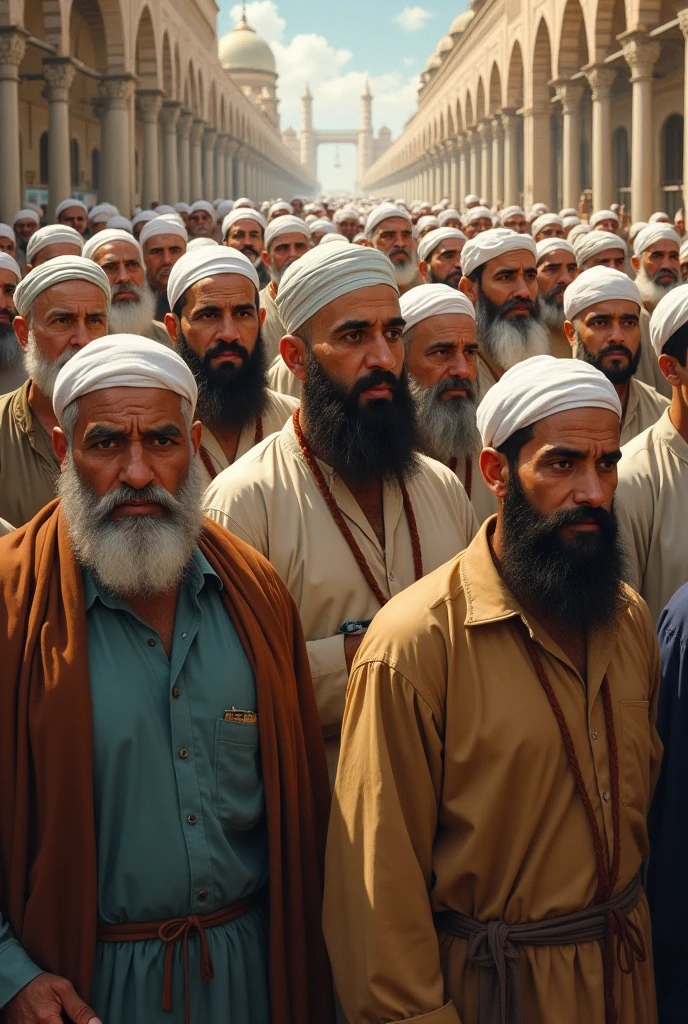 (photorealism:1.2), a lot of old mans , wearing white shalwaar kameez, wearing white clothes on their head,hanged ,rope in their necks,and they all dead