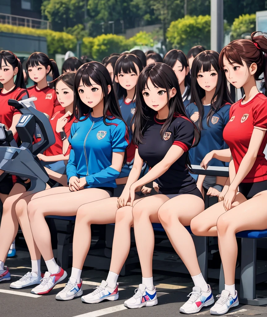 (Best quality:1.1), (Masterpiece:1.2), 5 girls,track suit,are standing,Highqualityshadow, Beautiful detailed, Beautiful face, Detailed eyes,Depth of field, A high resolution, Best shadow, Best illumination, Kizi, view the viewer, (Five-color hair:1.3),Brush cut,extra very short hair, Blunt bangs, Long hair, Black eyes, Shy, Large breasts, Miniskirt, Volleyball hall,inside in room,Exercise posture, Sunburn,Boo marker,cleavage,looks into camera,ssmile,closeup cleavage,Superskirt