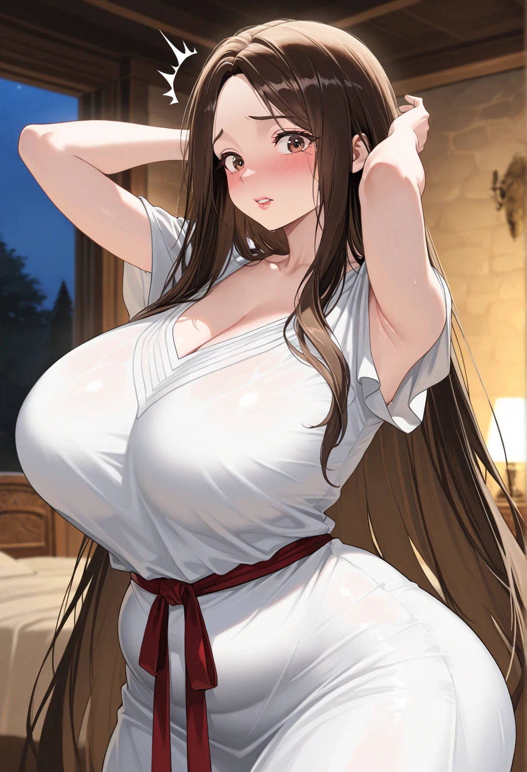 (masterpiece, best quality:1.2), 1girl, solo, yunyun, braid, brown hair, full body, huge breasts, strap slip dress
