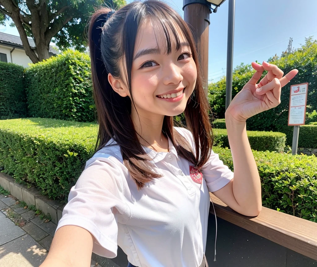 ((best quality)), ((masterpiece)), (details), one girl, sexy ((best quality)), ((masterpiece)), (details), one girl, sexy ((best quality)), ((masterpiece)), (details), one girl, full body, sexy expensive body, expensive, long legs, mature woman, mature, adult, it_nagatoro_main, Hayase Nagatoro, one girl, blushing, alone, uniform polo shirt, short sleeves, black hair,brown eyes, hair accessory, looking at viewer, hair clip, smiling, long hair, dark skinned woman, dark skin, , bangs, daytime, skirt, collared shirt, collarbone, ear clip, mouth closed, tree, asymmetrical bangs, upper body