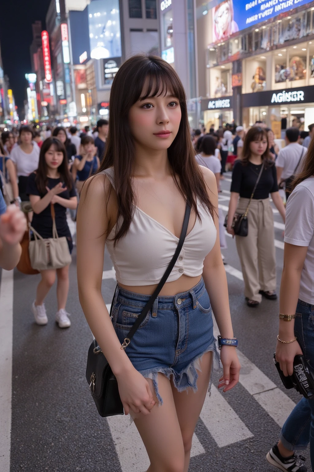 Top quality, 8K, no makeup, masterpiece, ultra-high resolution, photorealistic, photorealistic, 25-year-old girl, idol sculpture, national beautiful girl, cute girl, thin waist, round eyes, smile, delicate face, beautiful skin , walking in a big city, streets of tokyo, buildings, (public indecency,undress, short sleeve blouse:1.2), open clothes,(open the shirt yourself), (presenting bra:1.2),shirt lift, from front, (denim mini skirt),