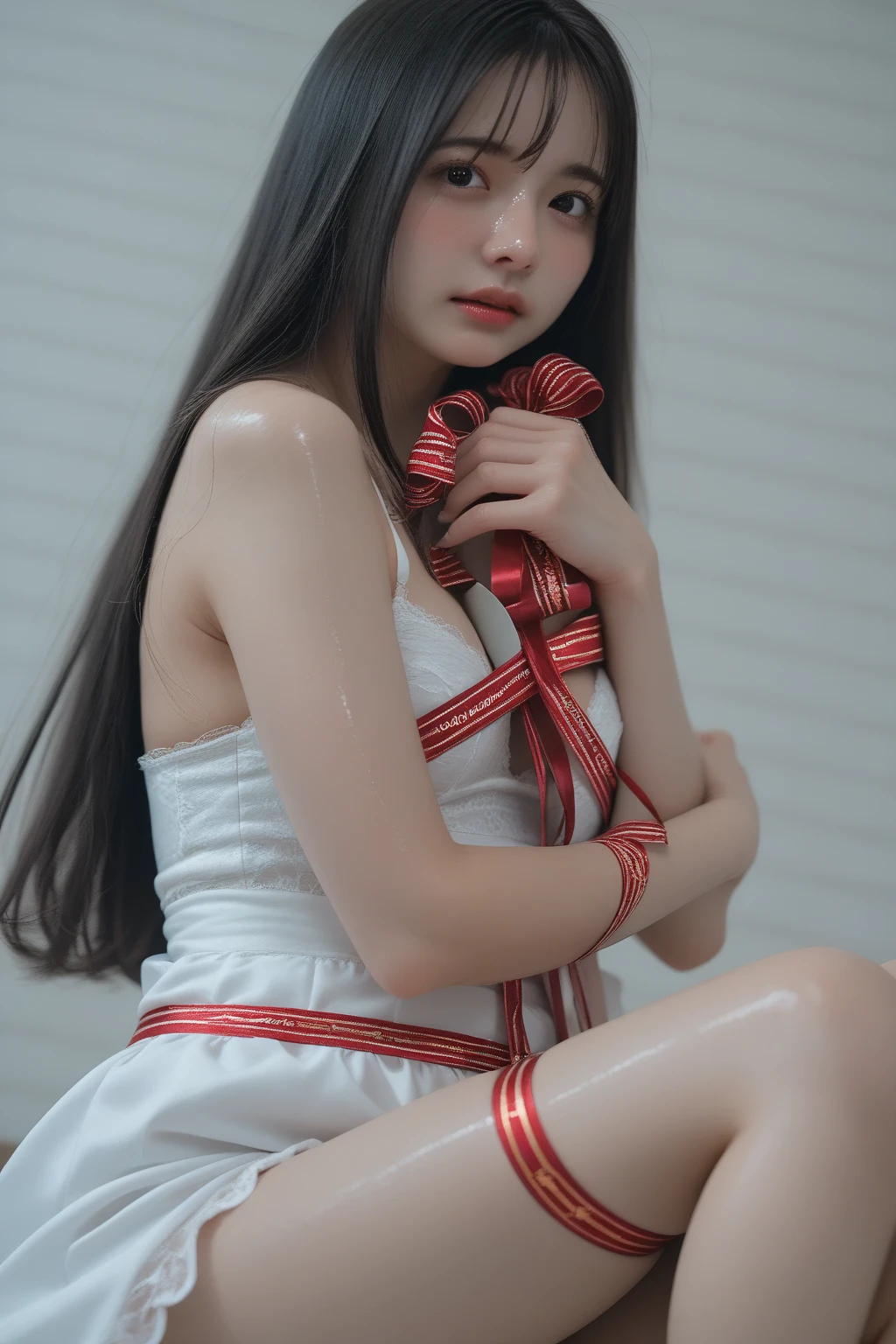 (((best quality))),(((ultra detailed))),(((masterpiece))),illustration,(a stunning girl,solo),((slim,thin)),((small breasts,flat chest)),(standing:1.3), ((awkwardly,painful,embarrassed)),(In modern high-speed railway carriages:1.3),(white dress splattered with red paint stains:1.3),(surrounded by crowded crowds:1.3),((from front,upper body))