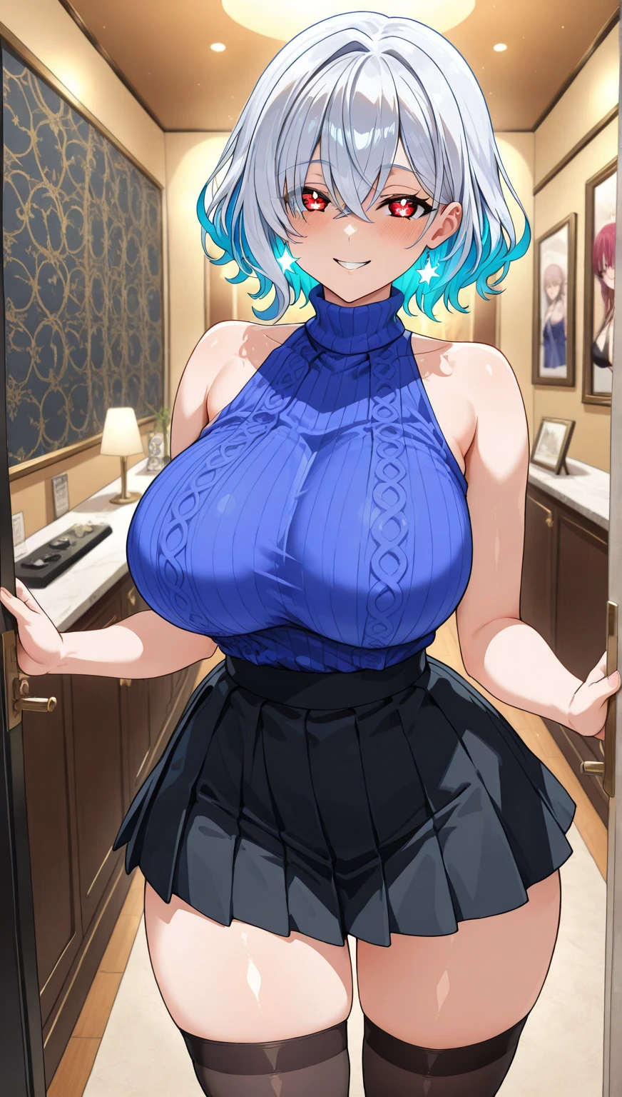 masterpiece, best quality,  big tits, MyleneHFV4, 1girl, solo, looking at viewer, cleavage, jewelry, hairband, blue hairband, necklace, blunt bangs, standing pose, slight smile, kebaya 