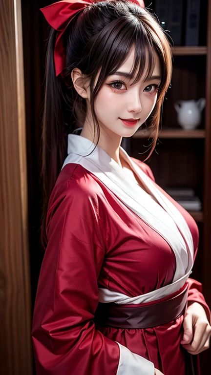 ((Best Quality, 8K, masutepiece:1.3)), 1girl in, Slim Abs Beauty:1.3, (casual hairstyle, Big breasts without leakage: 1.2), japanese kimono: 1.1, Super fine face, Delicate eyes, Double eyelids, Shyness, Dynamic Pose, Smile, Anime girl with gray brown hair and blue eyes holds a fan。, , The feminization of the key art of Xart Krenz, samurai detail art, female samurai portrait, Detailed Digital Anime Art, high detail official artwork, detailed anime art, Portrait of a female anime hero, woman samurai