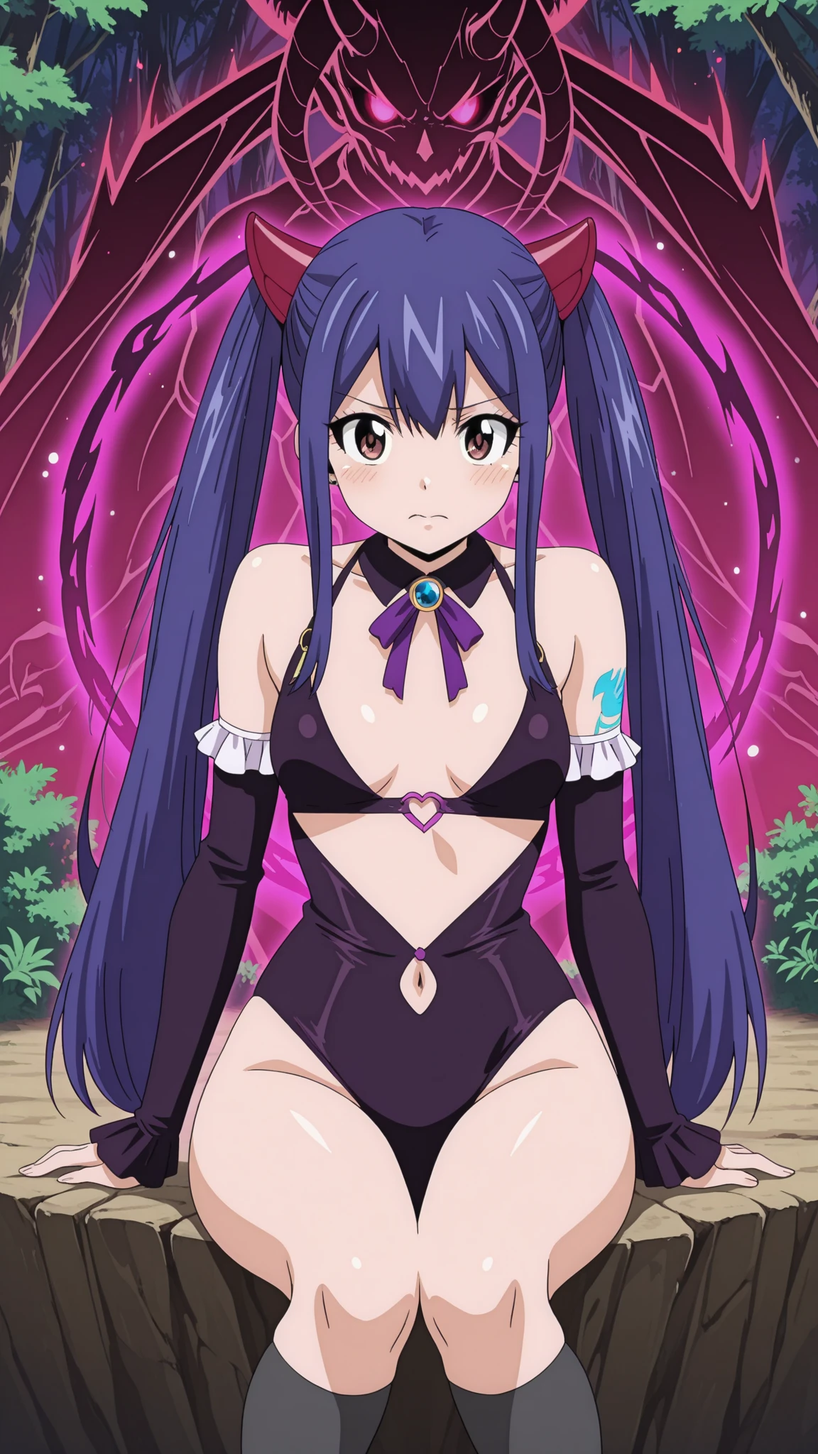 <lora:Alola_Style:0.65>,((masterpiece,best quality)), absurdres, <lora:Dark_Eclair_Anime:0.8>, Dark_Eclair, black leotard, ahoge, bare shoulders, maid headdress, long purple hair,  solo, smiling, looking at viewer, cowboy shot,
