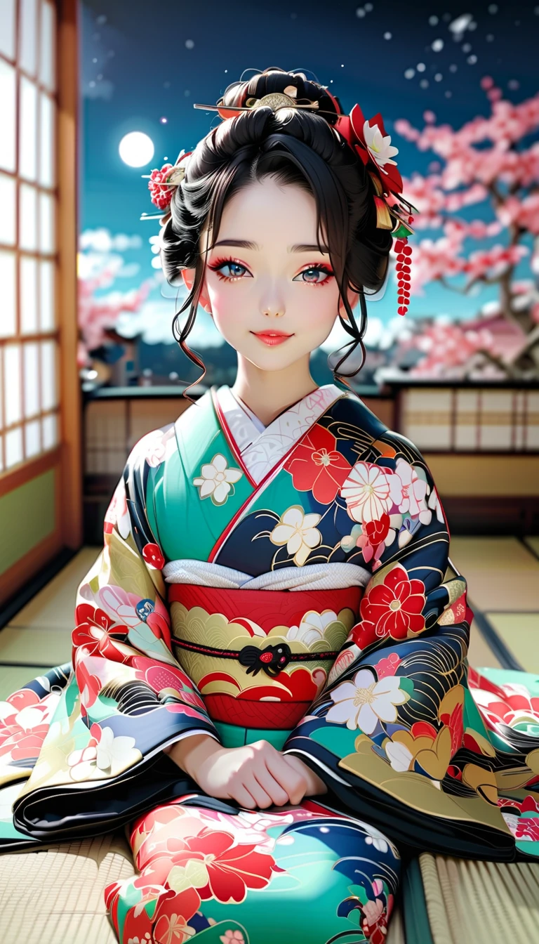 4K, Masterpiece, highres, absurdres,natural volumetric lighting and best shadows, deep depth of field, sharp focus, soft delicate beautiful attractive face,
Japanese adult woman, solo, looking at viewer, black hair, hair ornament, flower, japanese clothes, hair flower, kimono, hair bun, black eyes, lips, grey eyes, floral print, single hair bun, portrait, realistic, black kimono, with a edgJapan haircut
 <lora:edgJapan:1>