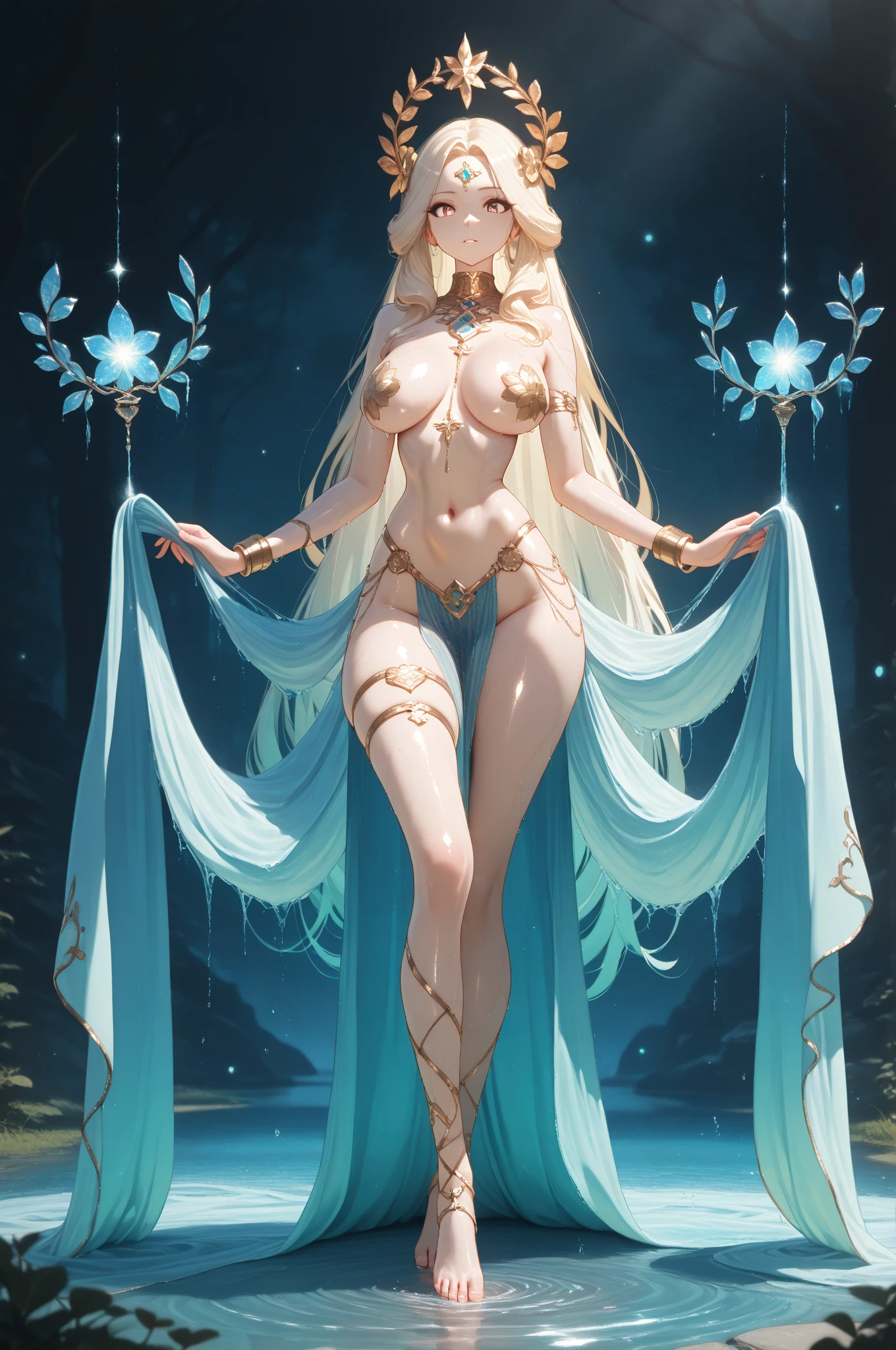 2D illustration, anime-style, beautiful girl, elf, (12 years old), blonde, blue-eyed, hair ornament, smiling, ((((provocatively opening legs))), holding a magic wand in her right hand, open , sheer-through ancient-style robe, of sheer ultra-thin fabric, (White see-through panties cut into the  of a high-cut of fairly thin fabric with extremely little fabric area))), ((( The tips of the  are colored and raised and protruding))), ((the entire  is visible through the body)), floating hems, collars, bangles, anklets, sandals, ((figure up, low angle,  up)), ((transparent exposed wet ))), (((water droplets in the )), wet body, wet clothes, ancient ruins eroded by vegetation, waterside, light on the surface of the water, magic light, starry sky, Wind is blowing, ambient occlusion, halation