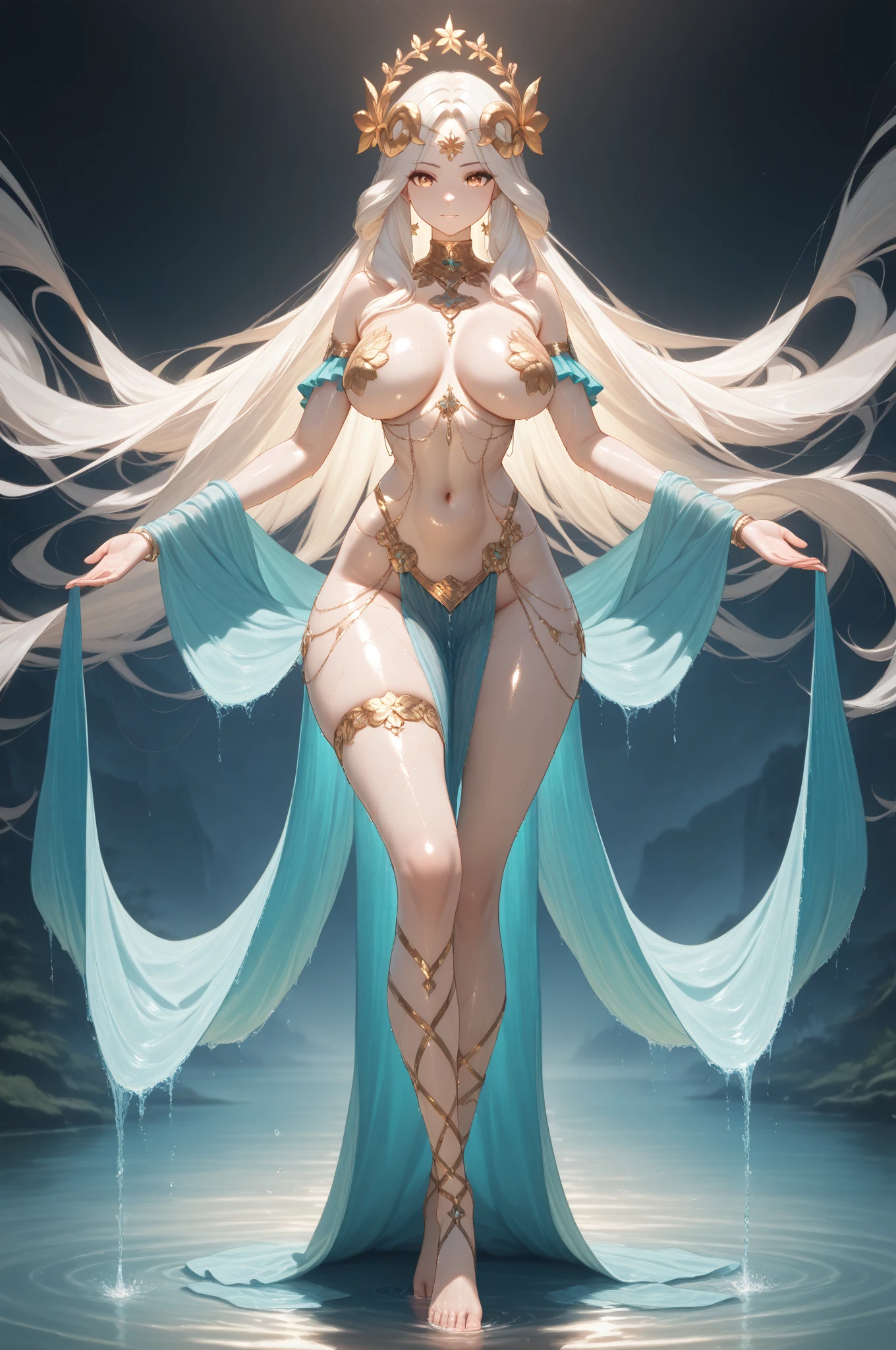 tmasterpiece,Highest image quality,Beautiful full body portrait of noble elf dancer,Exquisite sky blue hairstyle,Clear golden eyes,veils,White midriff-baring dance costume,heeled sandals,Has a dazzling array of、Well made jewelry,Ultra-detailed details,advanced。At the Pixiv Art Station,Break your own power,Luigi,Big breasts exposing cleavage,R-18G