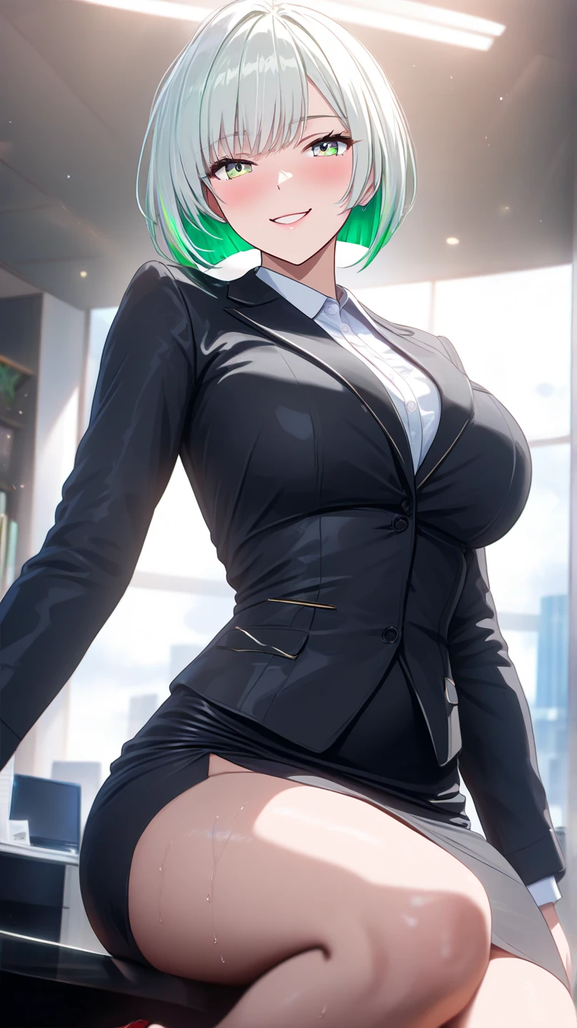 {{{masterpiece}}},{{{best quality}}}, (gigantic breasts:1.5), (curvy:1.5), (blurry) , (depth of field), (blurry foreground), (blurry background), (1girl), (motion blur), (rating:safe), (photo \(medium\)), Igawa Asagi, 1girl, solo, long hair, looking at viewer, large breasts, black hair, gloves, holding, green eyes, blue hair, standing, (black skirt suit:1.1), pencil skirt, miniskirt,curvy, thighs, higheels, shiny clothes, skin tight, hair intakes, glowing eyes posing, seductive smile 