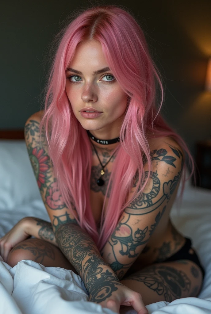 arafed woman with pink hair and tattoos posing for a picture, long flowing pink hair, flowing pink hair, faded pink, inspired by Rose Henriques, pink wispy hair, long pink hair, pink golden hour, with pink hair, long hair with pastel colors, pink straight hair, by Emma Andijewska, rose hair, pink hair