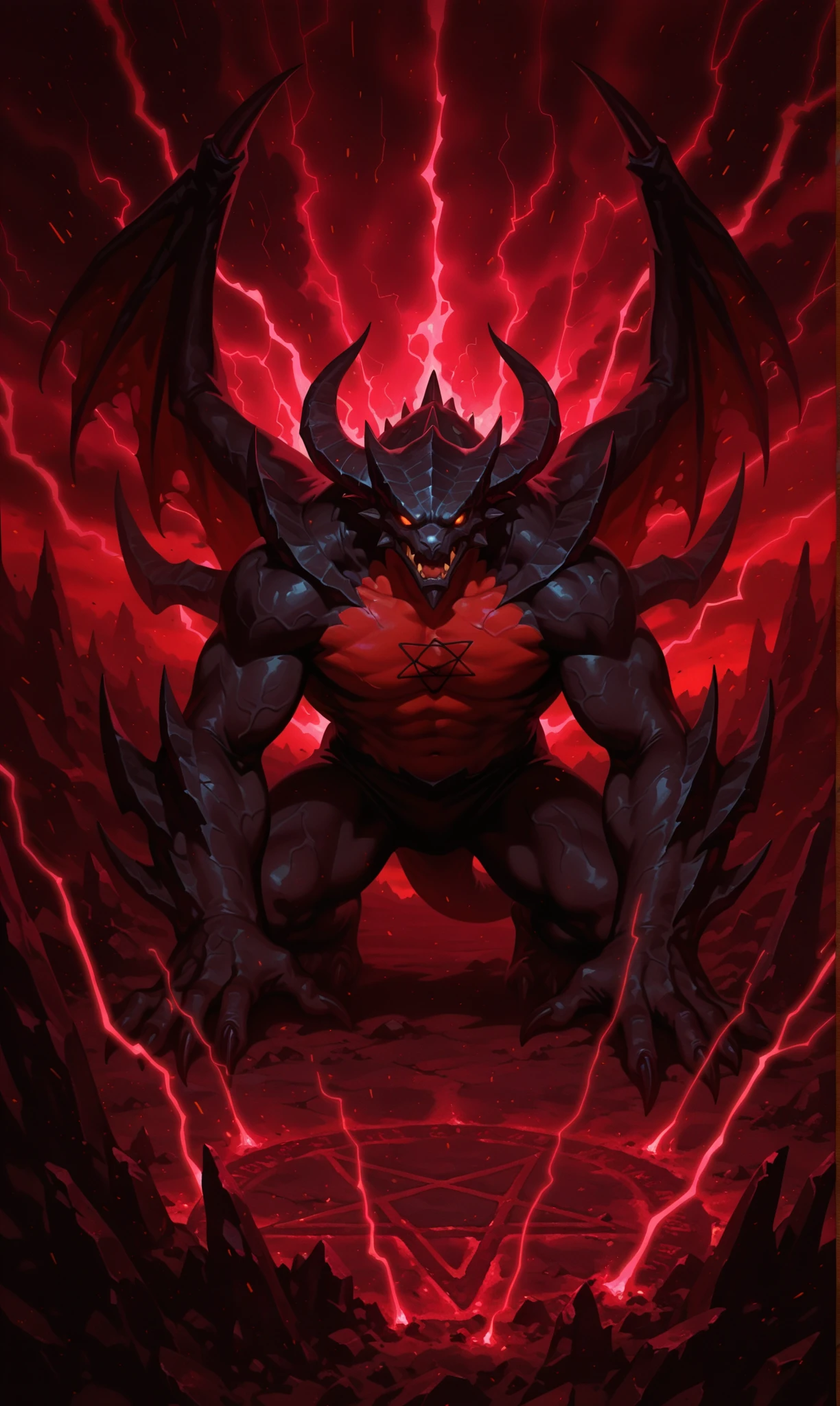 Make a beast with a long dark tail and dark skin, triangular head, long teeth and claws a muscular, agile body, has long horns and red eyes, a dark energy surrounds your entire body, make him look more like a monster than a human, she has scales on her body