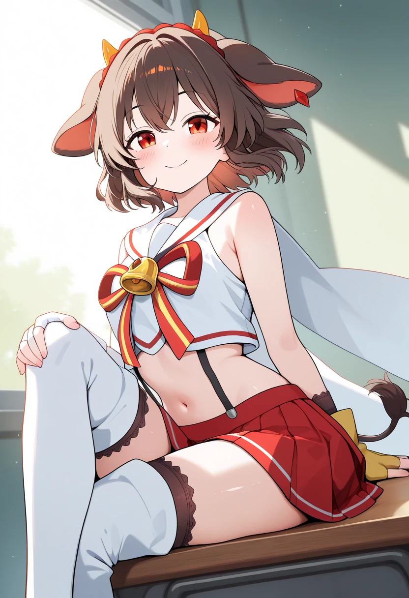 background image,far view,8k,Solo,fox boy, extremely flat chest, shota,short body,short white pants,cloth medieval armor,big wool cap on head,flop down big fluffy fox ears,short and feminine body,short hair,messy and wavy brunette hair,smug smile,thick tighs,bakery.