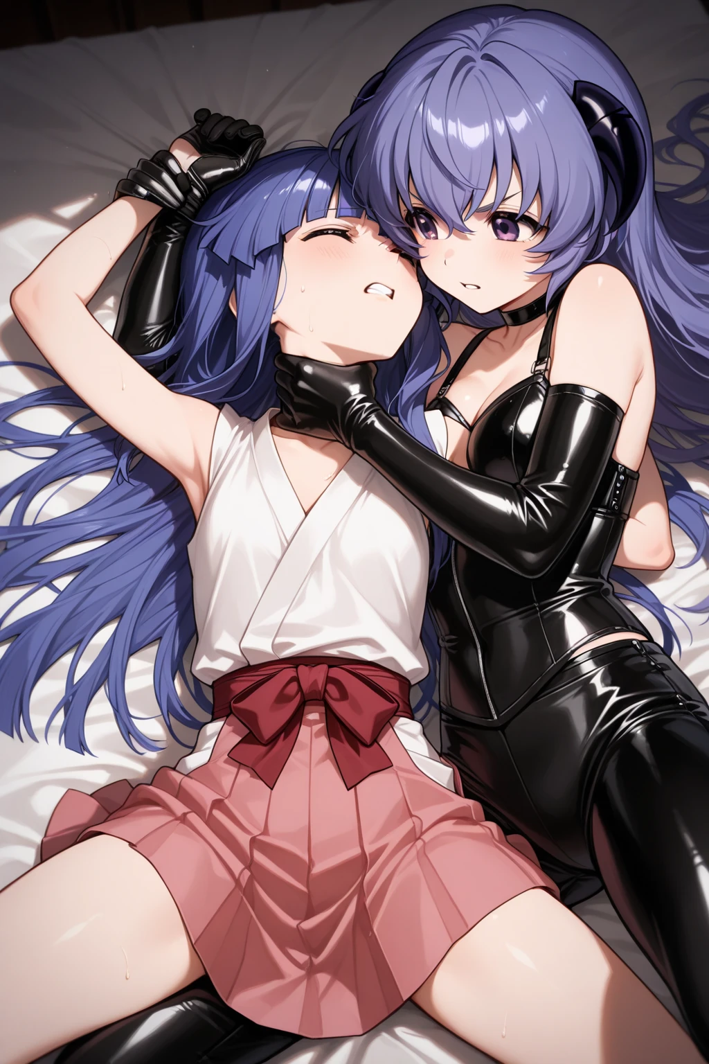 Genshin impact, 2 women, Yuri, purple hair keqing, ganyu, looking at each other, bed, NSFW, hentai, fingering pussy