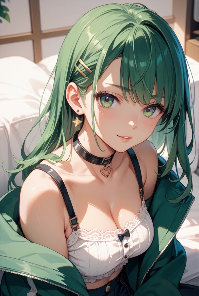 Best Quality,High resolution,8k,finelity detailed background,Masterpiece:1.2),beautiful girl,Shiny green hair,crossed bangs,Green Eyes,Gentle look,A refreshing look,smile,Best quality,Best Quality,Aesthetic and aesthetic:1.2,Best details((Super detailed))(High-definition CG illustrations),Upper Body,Dark grey underwear, (dark gray),Slender body,night,moon,Bedroom,On the bed,smile,blush,cute,Scrounge,Looking up,Being spoiled,super model,wariza,shoot from,below