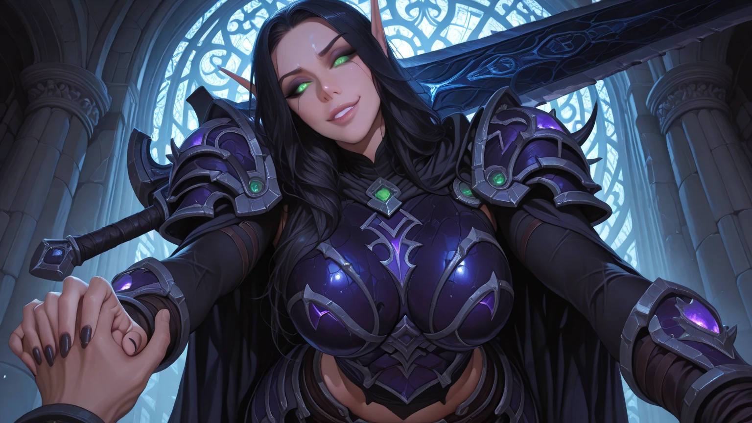 (masterpiece, top quality, best quality, official art, beautiful and aesthetic:1.2), (1girl:1.3), ((long black hair)), (((pale purple skin, pale blue skin, blue skin, purple skin))), black makeup, extremely detailed, portrait, looking at viewer, solo, (full body:0.6), detailed background, close up, (cold night mountain theme:1.1), dark elf war dancer, charlatan, smirk, mysterious, swaying in mountains, skimpy attire, revealing gladiatrix costume, gold bikini, cowl, metal bikini, long boots, dual knives, violet fabric, black leather, gigantic breasts, cleavage, skindentation, slim waist, slim hips, long legs, medieval (mountain exterior:1.1) background, dark mysterious lighting, shadows, magical atmosphere, dutch angle, (((Balsamique)))