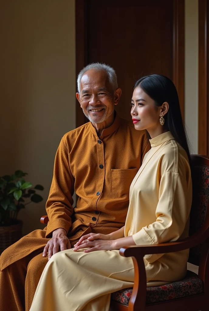 A bald indonesian grandfather, a little white hair on the side, no shirt, yukata pants, sitting in a indonesian-style lounge room.next to him is the grandpa's grandson, a beautiful 25-year-old indonesian girl, wearing a read versece top, smiling.indonesian-style lounge room background.realistic.ultraHD