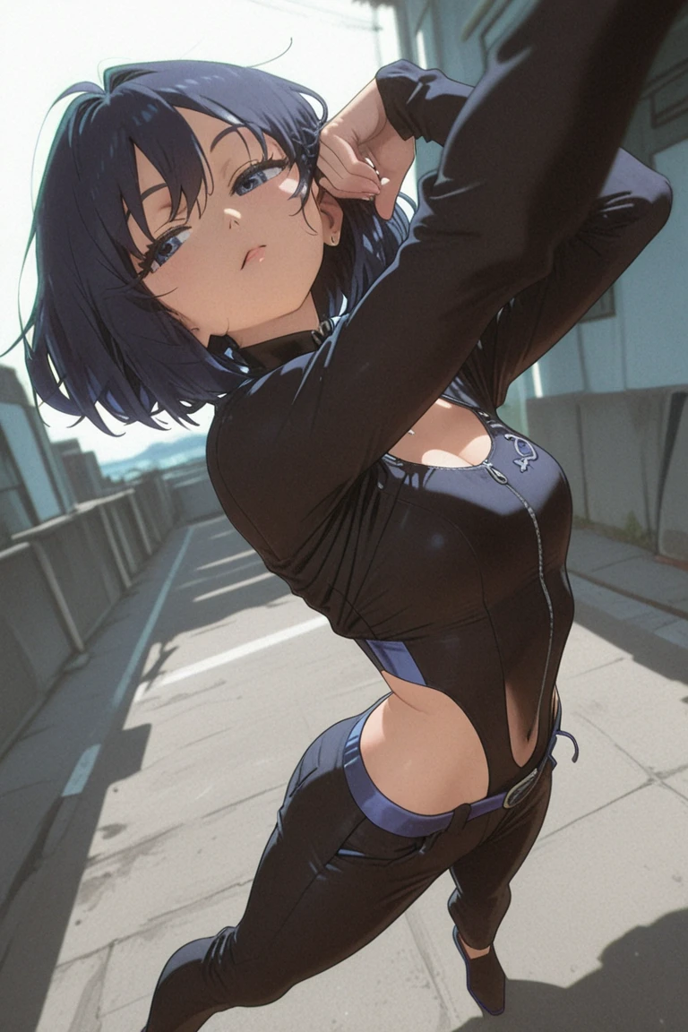 Ten_years_old girl, high cut leotard, freckled skin, body freckles, fighting, angry scream, gun, fullbody, standing, platform heels, Bob cut hair, disgusting face, showing teeth, open mouth, tongue out, hair clip, Cyberpunk,