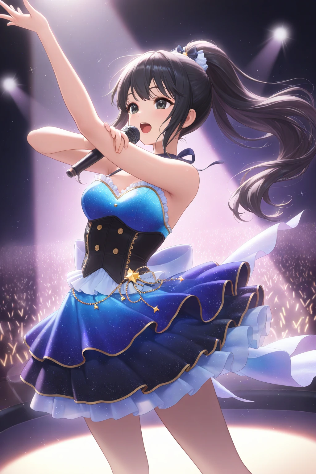 Illustration, cinematic light, high resolution, best quality, ultra detailed, detailed face, (detailed eyes), highest quality, ultra detailed, masterpiece, (detailed face), pretty face, best smile, sexy mature woman transparent (ultra-detailed embroidery and ribbons, idol outfit: 1.5), ruffled miniskirt, cloth, choker, open cloth, NSFW, high heels, blue eyes, neon small shiny hair edges, AI fantasy concert, glowing lighting with neon details, idol, (live stage: 1.15), (holding the microphone in left hand singing: 15), singing with butt sticking out: 5, (to a packed audience in the background), light reflection, heart-shaped iris, playful eyes, open shoulders, (wet body), small glowing butterfly, hair jewelry, panties, cute panties: 1.5