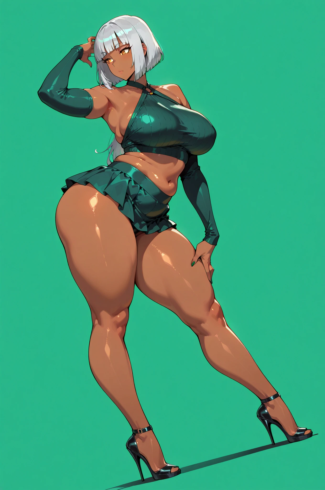 Full body image of Chel from The Road to El Dorado, full body in image, wearing her original outfit (turquoise top and skirt with red trim), long black hair, female body, curvy and athletic body, dynamic pose, detailed pose, simple background, expressive face showing a mischievous smile, focus on face, line art, sketch