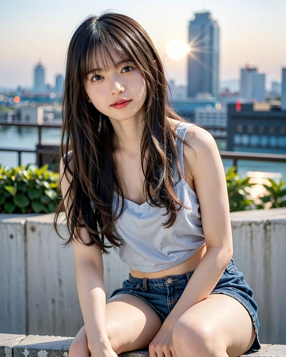 Girl with curly black hair posing next to a bicycle, light brown eyes, thin upper lip, thick lower lip