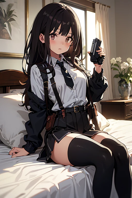 Brown hair、watching at viewers　　　black suspenders　　　Bulging big breasts　　 　 　　　walls: 　Black miniskirt　garters　　　　　　Gaze　　　Small face　bangss 　　　holster　　Belt Armament　Beautuful Women　srestrained　hands up　Lying in bed　Leg holster lying on the bed　　Gaze 　black boots panty shot