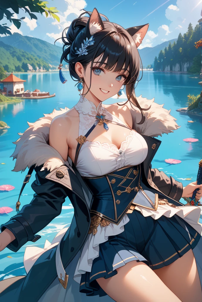(Dynamic angle, upper body,sky,water,imid shot, particle effect,artistic effect:1.2),(floating hair:1.2), (detailed and delicate and flexible eyes),(1girl,solo,arm, Tingyun (Honkai Star Rail),splash ink,smile,blush,shout,dark brown hair,green eyes,???? shoulders, jewerly, ponytail, medium hair, brown hair, dress, ?????????????, detached sleeves,Big fox ears:1.2), (corrpution:1.15), fov,f/1.8, side lighting, sunlight ,(masterpiece, best quality, Ultra Detail, wallpaper, detailed shiny skin, flawless, 8k, RAW, highres,absurdres,:1.3), (detailed super oily shiny skin:1.1), colorful, power,