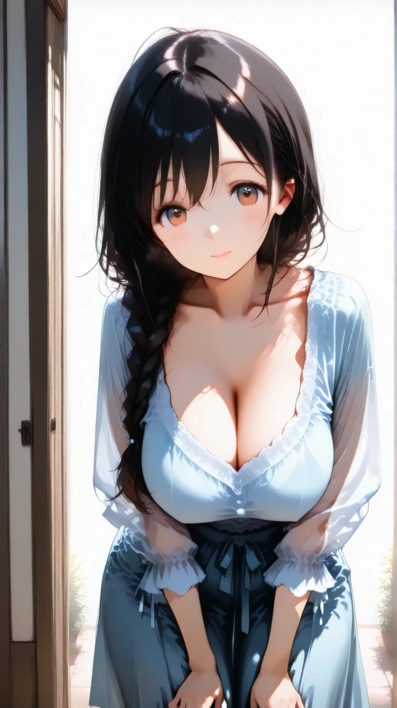 masterpiece, Highest quality, One Girl, Thighs, beautiful girl, Flowers, たくさんの小さなflowerびら, flower、Narrow waist, RAWphotograph,Bright lighting、Face Light, Dynamic Lighting,  Ultra-realistic, High resolution, photograph, Sharp focus, Highly detailed eyes and face,Symmetrical face, whole body、Large Breasts、Long Hair、チラリと見えるThighs、Deep valley、Beautiful cleavage shorts、A skin-tight white shirt、pregnancy、