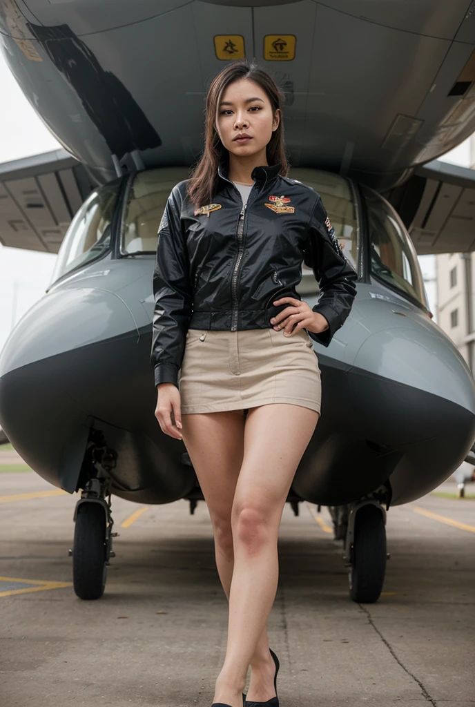 Clara brunette with human features, beautiful with long wavy hair and sunglasses, high heels and a blazer in front of the helicopter, semi-naked
