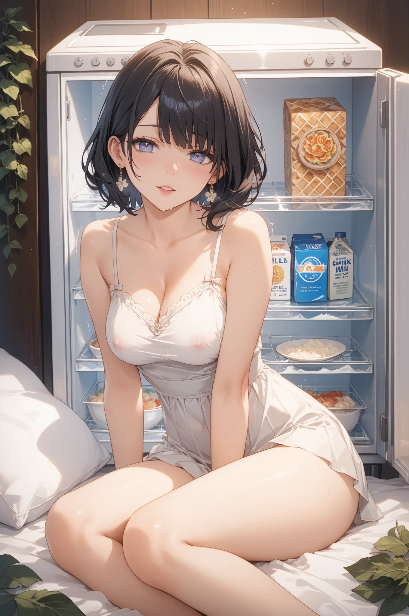 (Highest quality, masterpiece: 1.3), : 1, sexy: 1.5, Bob Hair,(Wet body: 1.2), Nightgown, beautiful, Cleavage, Ultra detailed face, Detailed lips, Detailed eyes, double eyelid, sexy, smile, beautiful Legs attractive vagina Large Breasts