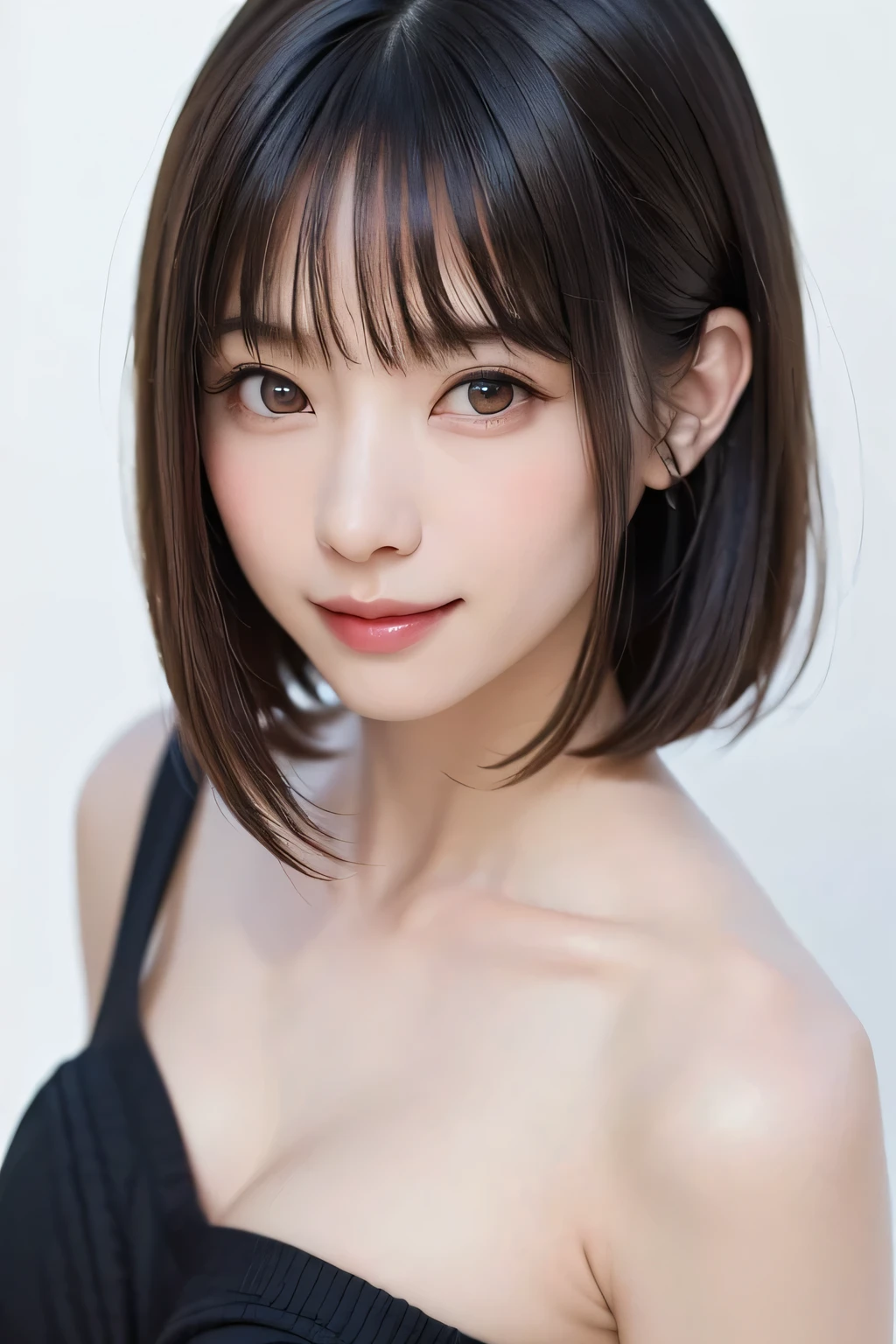 ((masterpiece, Highest quality, High resolution)), One Girl, (Realistic: 1.4), alone, White Background, snow-White Background, ((From above, A little above, look up at the viewer, look up, look up at the camera, Looking into the camera)), Mouth closed, Smile, Smile, Smile, Beautiful black hair, short hair, Big eyes, Transparent double eyelids, eyelash, Listen carefully, Long neck, Long neck, Absolute area, (Draw the whole head, shoulder), 19 years old, Attractive proportions, Shiny skin, Beautiful collarbone, Golden ratio face, Perfect Face, Tearful mole, Mole on chest, bangs, clean bangs, Lip gloss, Thin lips, Fair skin, naked, Big Breasts, Small face, Small face, Draw the whole head, draw all shoulder,