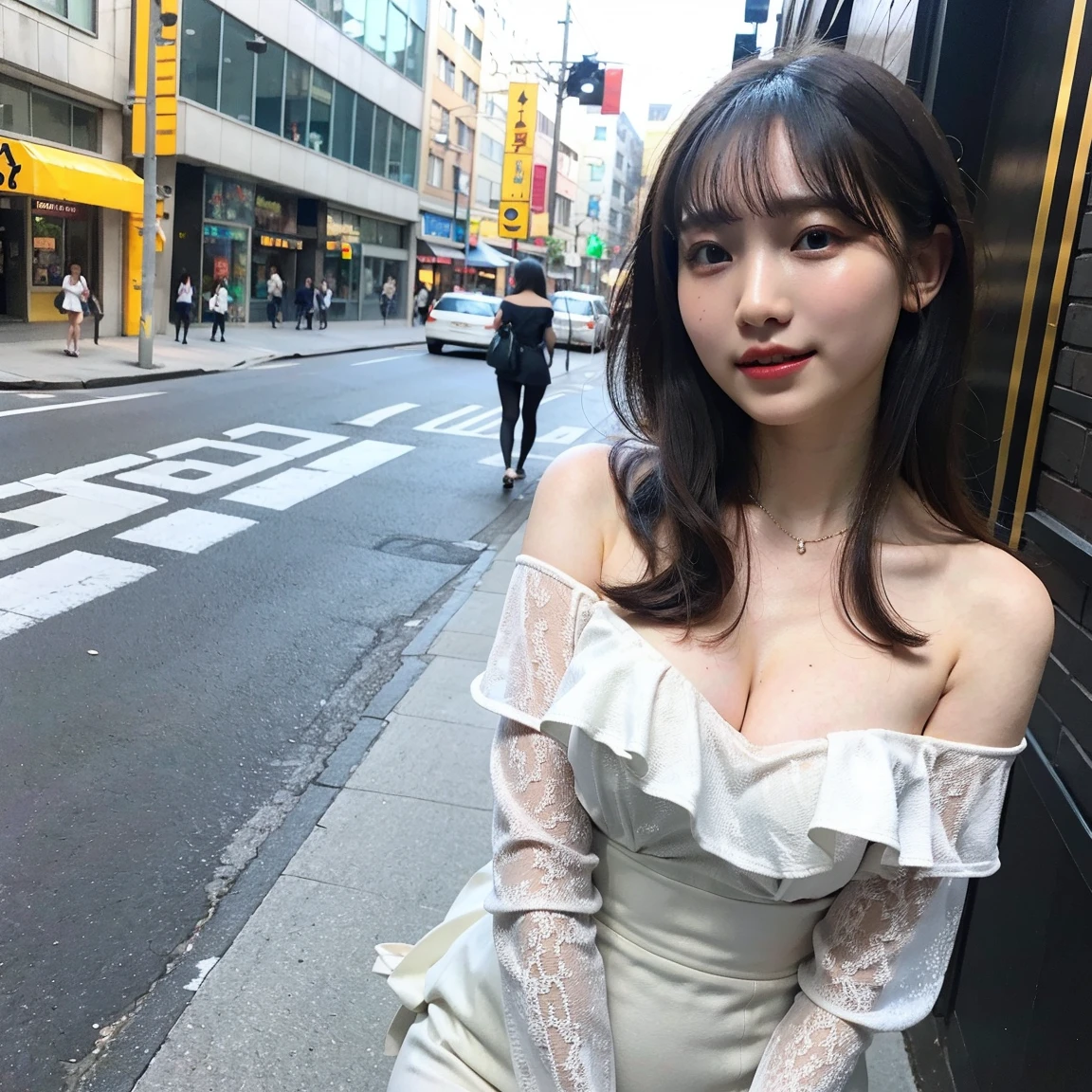 A Japanese Lady。Reveal black dress。Colossal tits。Very cute。Blonde hair close to white。Medium Hair。Halloween。The background is Shibuya at night。