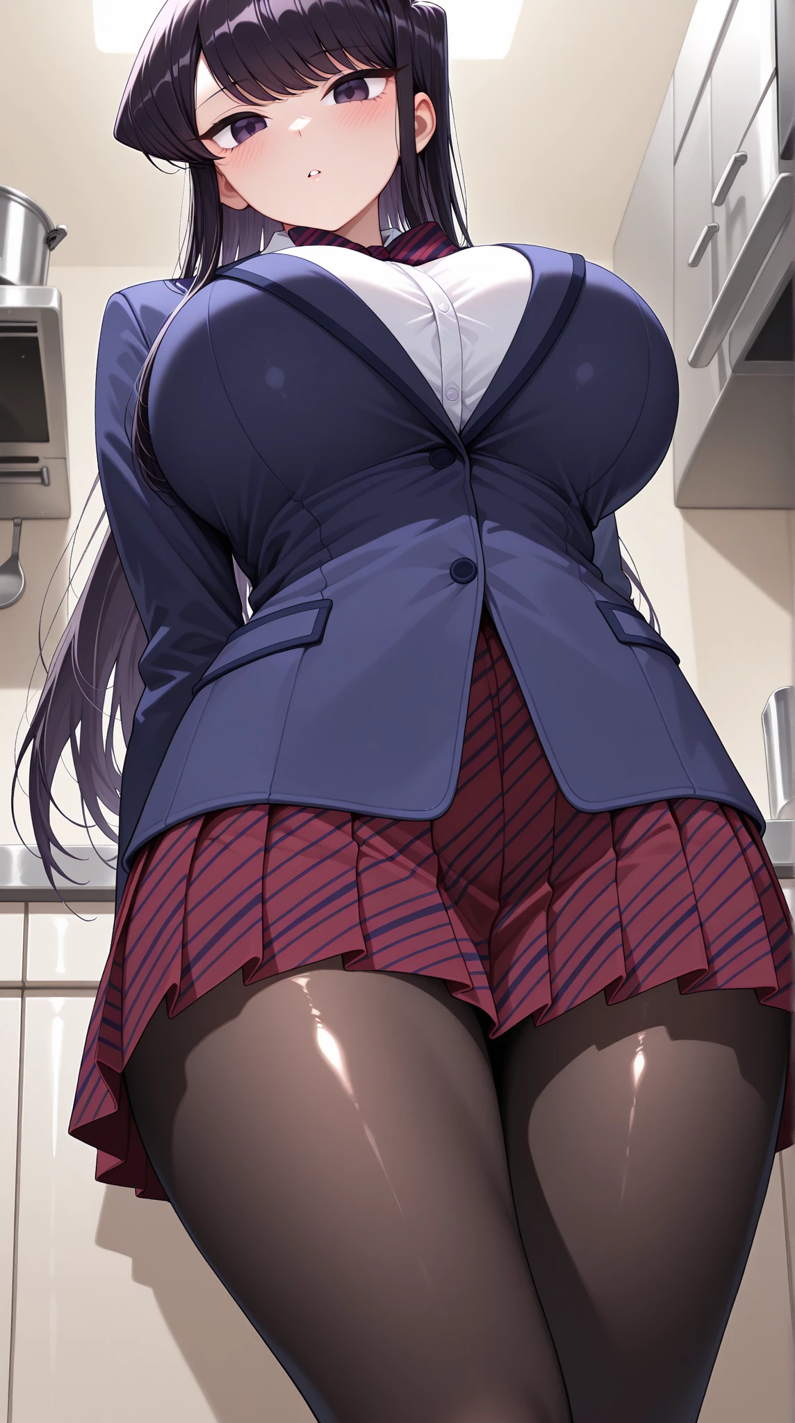 Maki Nishikino、One Girl, Five Fingers, mini skirt, Looking down at the viewer,, Highest quality, Focus on the thighs, Dynamic pose, smile, blazer, blouse, Black Pantyhose, panties under pantyhose, Standing Split, Stylish pose,My thighs and groin are steamy 、Crowd