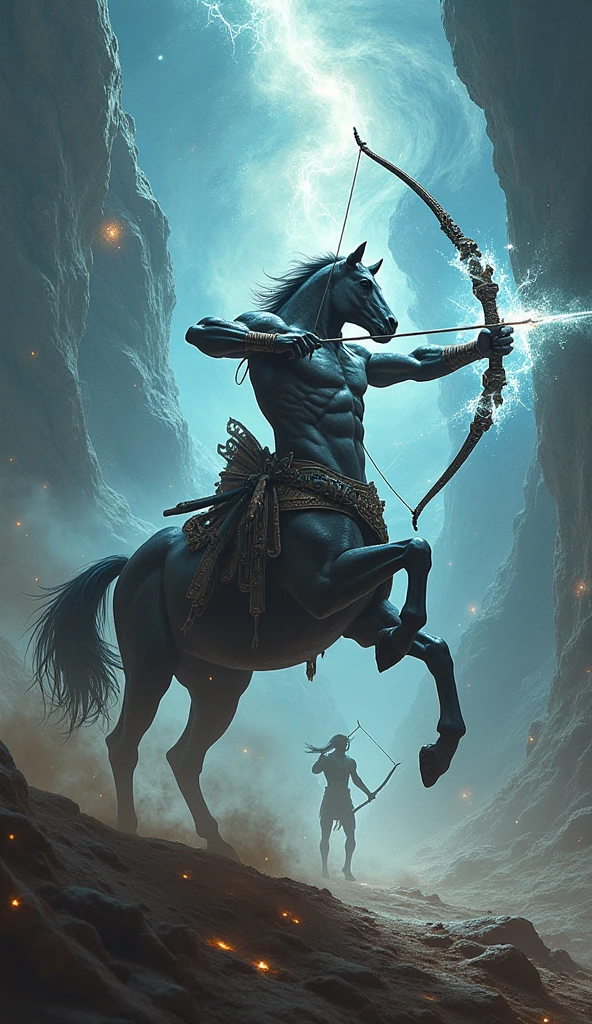 "Illustrate Centaur Warrunner (Bradwarden) from DOTA game in her Ancient set, featuring ornate, ancient armor with intricate designs and glowing runes, have massive k-cups, standing in an ancient, mystical ruin surrounded by magical energy."

