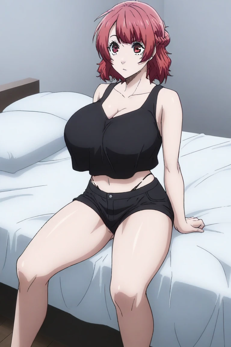 (masterpiece, best quality:1.2), 1girl, female solo, orange eyes, short hair, 160 cm, ginger hair, cleavage, sitting.