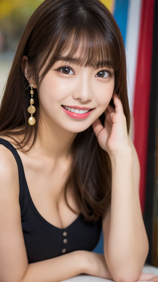 young、beautiful、female announcer、shaped face contour、long hair、brown hair、Fine iris、Elegant、erotic face、glowing skin、juicy lips、an open seductive smile、thick eyelasheodel body shape、earrings、blush、black mini skirt、perfect lighting、perfect shadow、perfect anatomy(((masterpiece))), ((highest quality)), ((Super detailed)), (CG illustration), (Very wicked and beautiful)), (Cute Desktop Face),