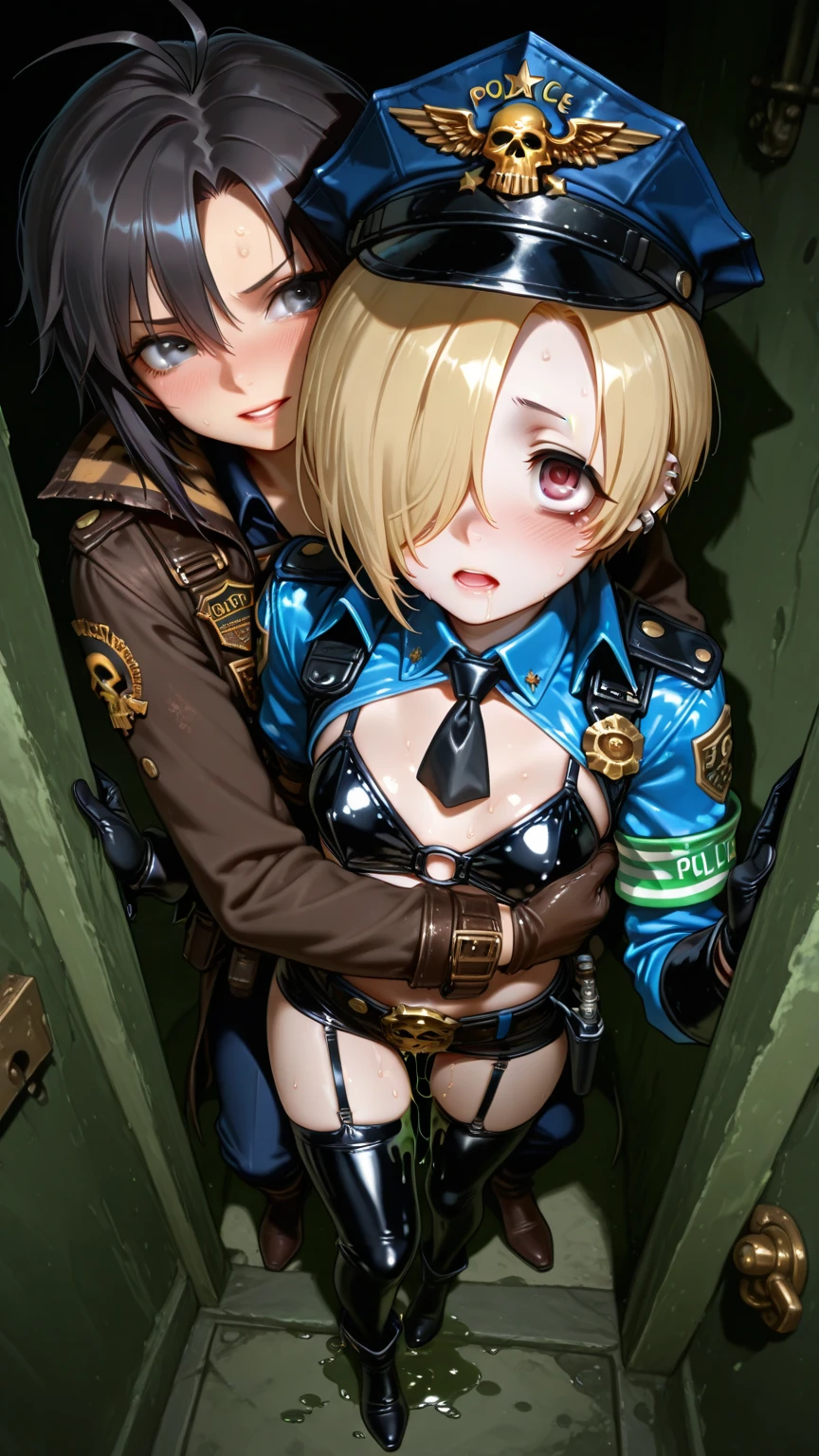 2girl, seductive eyes, blush, cute, blue eyes, brown hair, glasses, mouth gagged wearing blue bra, wearing blue panties, no pants, arms tied on back, legs spread and taped, bondage, bdsm, best quality, masterpiece, highres