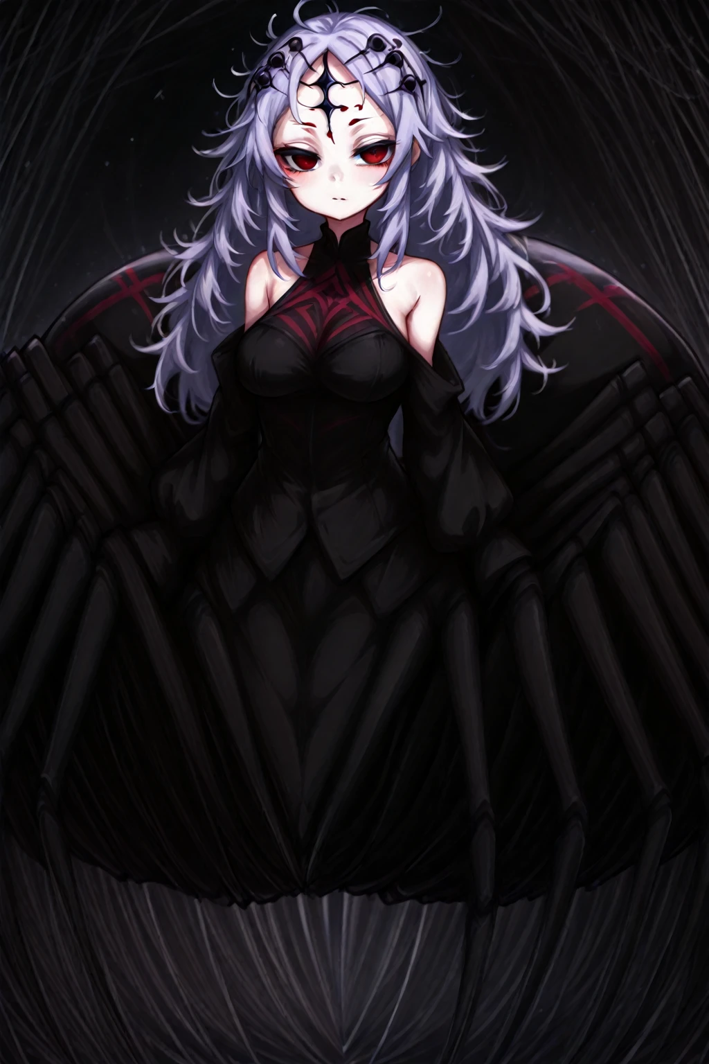 The image depicts a female figure with a dark and powerful appearance., which appears to be some kind of fallen angel or supernatural entity. The figure is in an imposing pose, walking towards the viewer with confidence and intensity 1. **Physical appearance:**
- The character has glowing red eyes, conveying a sense of danger and power.
- Your hair is long, wavy and black, falling freely to shoulder height.
- His skin is pale, contrasting sharply with the darker elements of his appearance.
2. **outfit:**
- The character is wrapped in white bands that appear to be worn and torn, giving an appearance of bandages or mummy robes.
- Body parts, like arms and legs, are covered in intricate black markings, which could be tattoos or some type of dark energy.
- There are tattered black fabric elements hanging from his robes, adding to the worn and mysterious appearance.
3. **wings:**
- The figure has large black wings open, that appear to be made of dark feathers. The wings are detailed and add a majestic and menacing look to the character..
**Visual effects:**
- The image is full of a contrast between black and white, with dark wings and robes standing out against a lighter background.
- Fragments of something that appears to be stone or concrete are floating around the character, suggesting she possesses some sort of destructive or telekinetic power.
- The ground beneath her appears to be cracked, indicating a powerful impact of your presence or movement.
**context:**
- The scene is likely set in a supernatural or apocalyptic environment, considering the dark appearance and destructive effects surrounding the character.
- The figure can be interpreted as a powerful entity, possibly